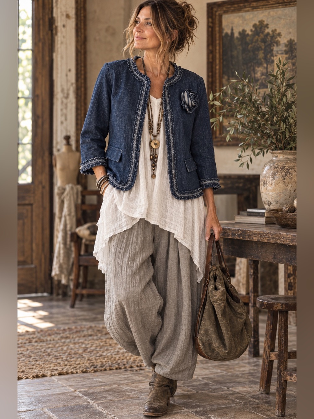 Lark Lane Blue Size 10 Denim Jacket Lagenlook Frayed Trim Artwear Boho